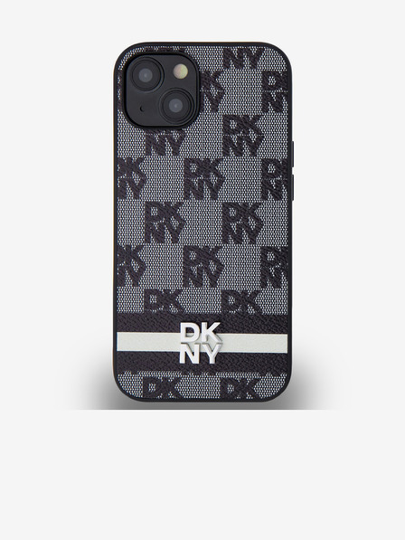 DKNY Заден капак от PU кожа с кариран десен и райе за iPhone 13 черен DKNY