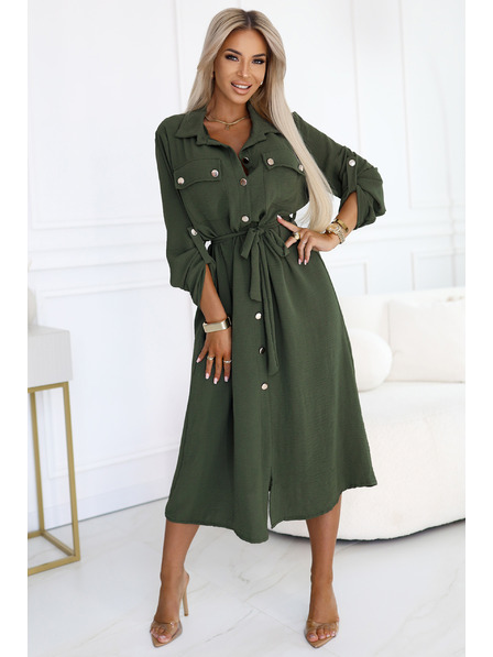 numoco 531-5 Миди риза-рокля със златисти копчета и вратовръзка - КАКИ