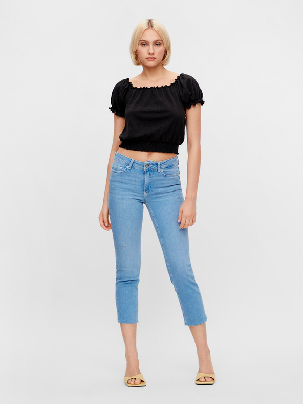 Pieces Черна къса блуза Pieces Leaf