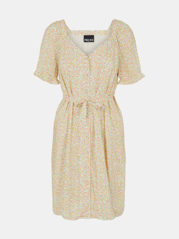 Pieces Кремава флорална рокля с връзки Pieces Timberly