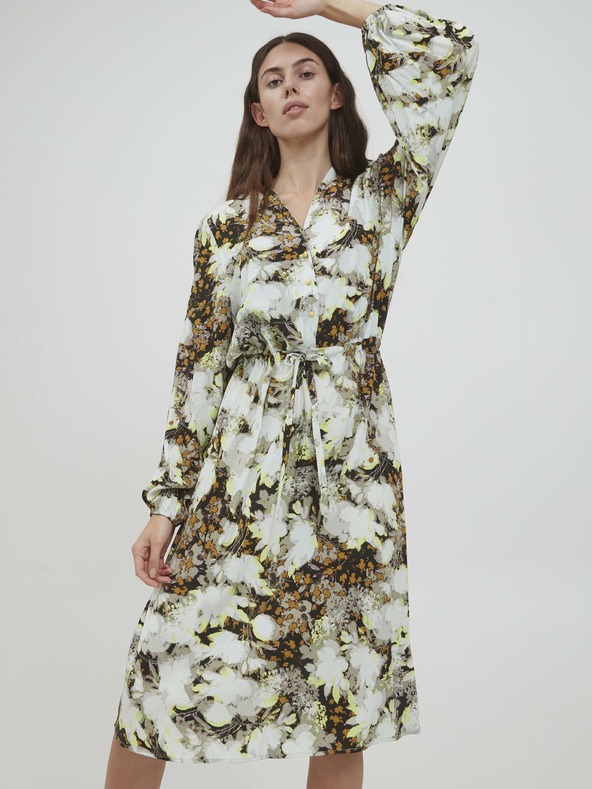 ICHI Кафяво-бяла рокля на цветя с вратовръзка ICHI