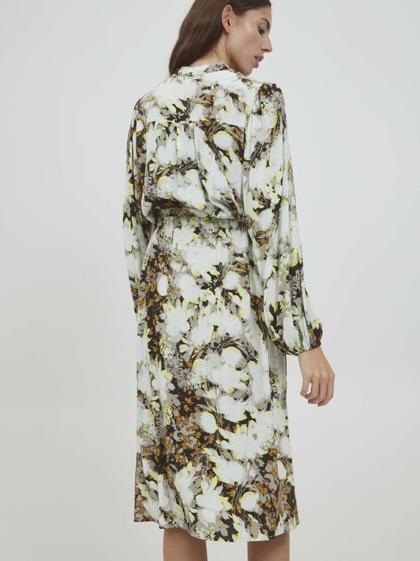 ICHI Кафяво-бяла рокля на цветя с вратовръзка ICHI