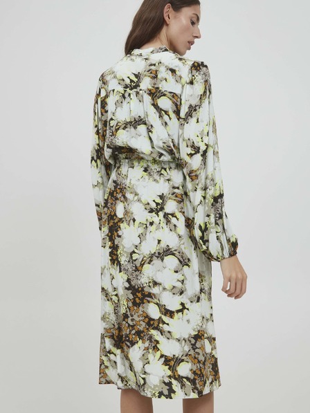 ICHI Кафяво-бяла рокля на цветя с вратовръзка ICHI