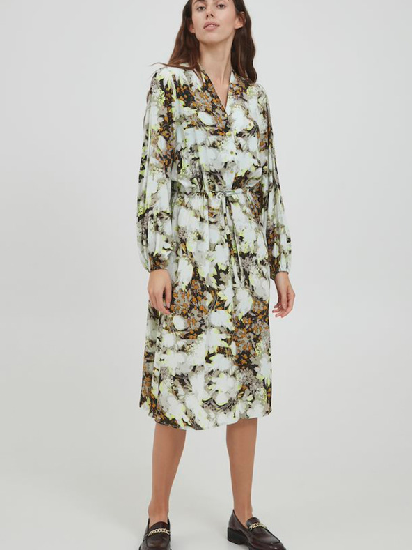 ICHI Кафяво-бяла рокля на цветя с вратовръзка ICHI