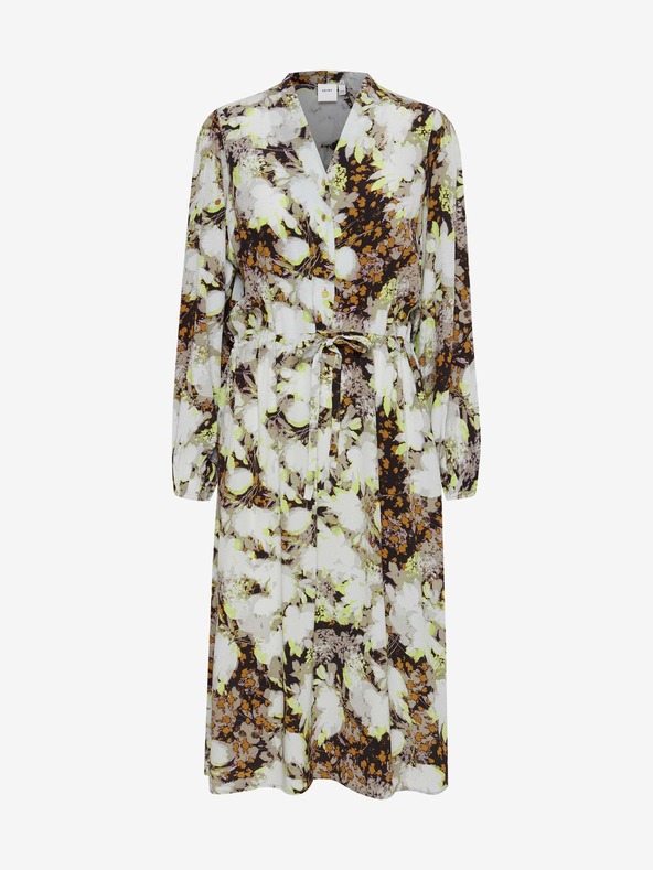 ICHI Кафяво-бяла рокля на цветя с вратовръзка ICHI