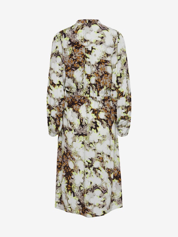 ICHI Кафяво-бяла рокля на цветя с вратовръзка ICHI