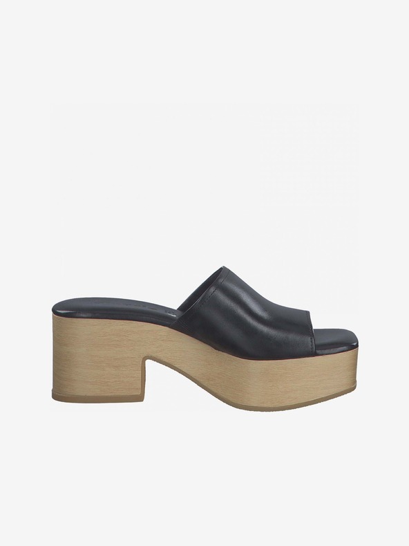 Tamaris Черни кожени чехли с ток Tamaris