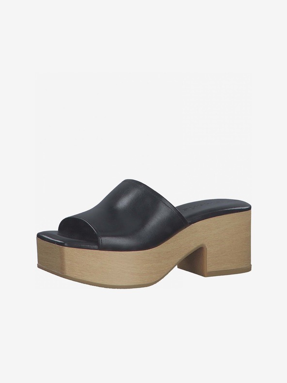 Tamaris Черни кожени чехли с ток Tamaris