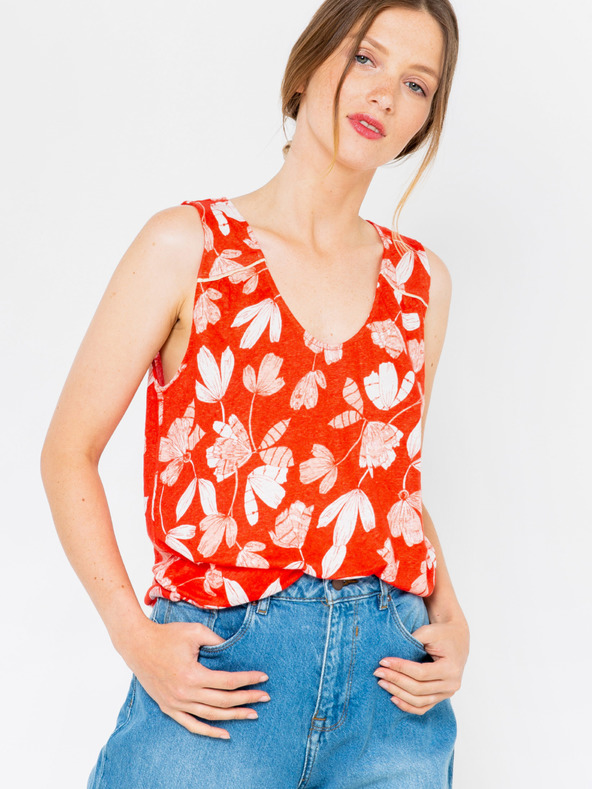 CAMAIEU Оранжева блуза от лен с цветя CAMAIEU