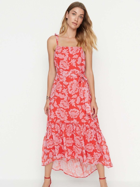 Trendyol Червена флорална миди рокля с презрамки Trendyol