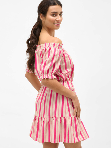 Orsay Розова рокля от лен с голи рамене на райе ORSAY