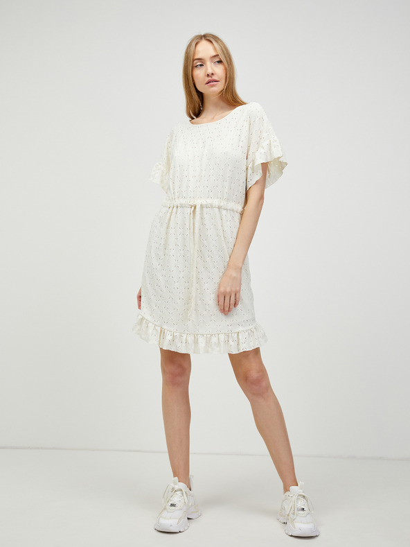 Pieces Кремава перфорирана рокля с връзка на талията Pieces Life