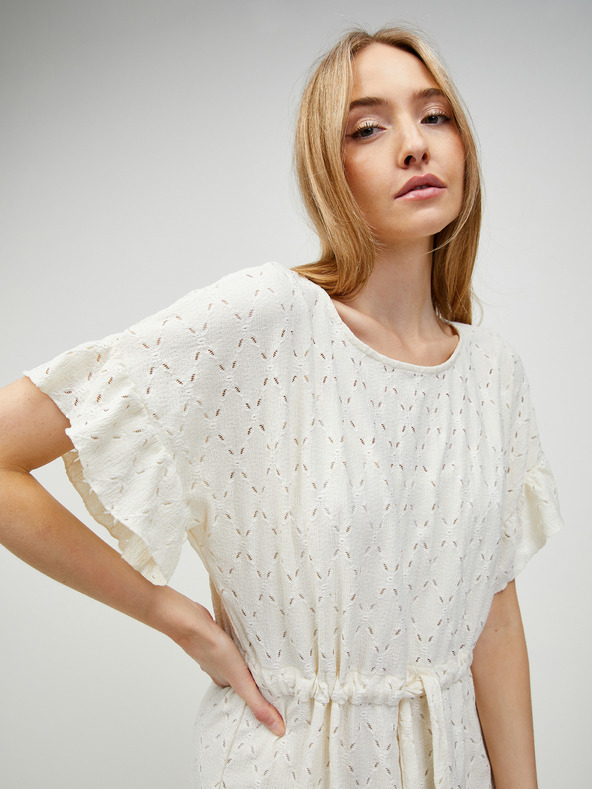 Pieces Кремава перфорирана рокля с връзка на талията Pieces Life