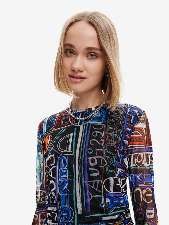 Desigual Синьо-черна дамска шарена мини рокля без ръкави Desigual Надпис