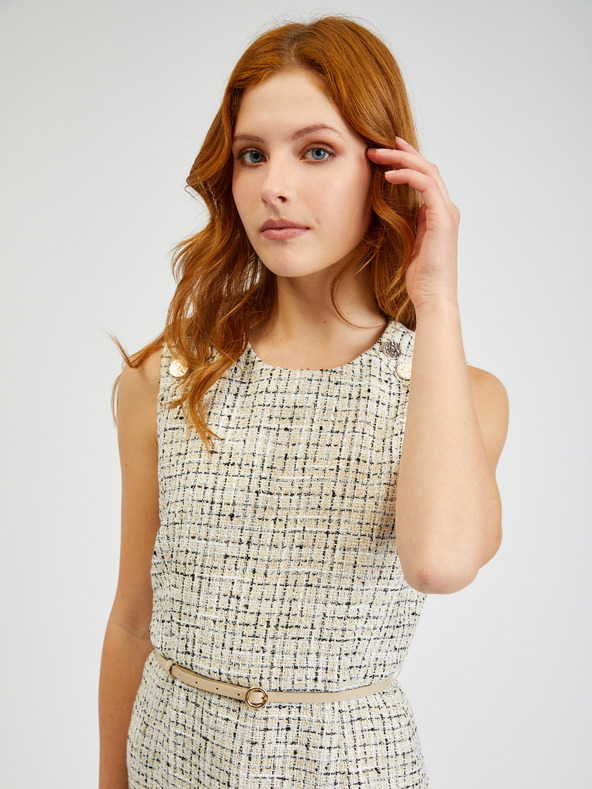 Orsay Кремава дамска рокля с колан и десен ORSAY