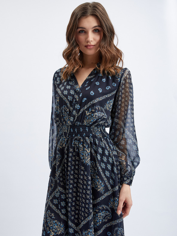 Orsay Тъмносиня дамска миди рокля с десен ORSAY