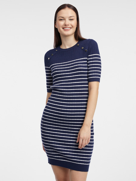 Orsay Тъмносиня дамска рокля-пуловер на райе ORSAY