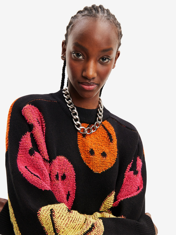 Desigual Черен дамски пуловер Desigual Smiley с шарка и размери