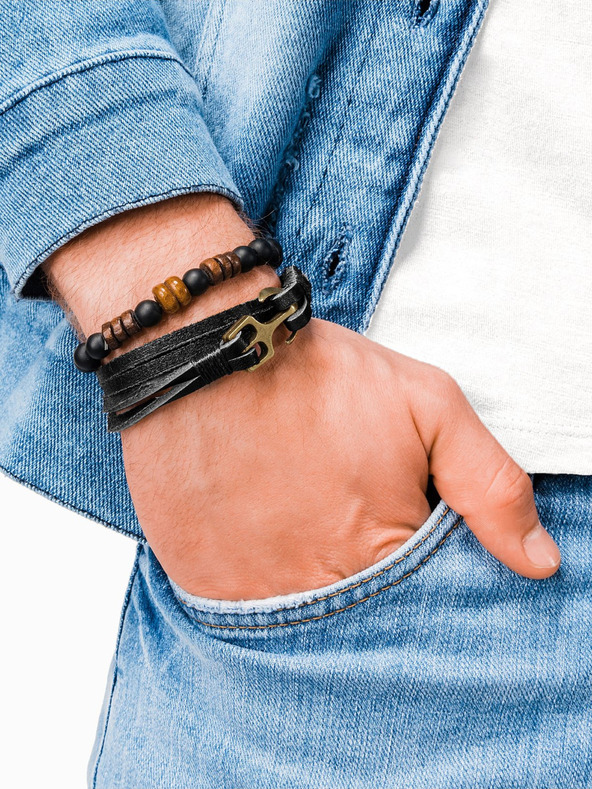 Ombre Clothing Черна мъжка кожена гривна Омбре облекло