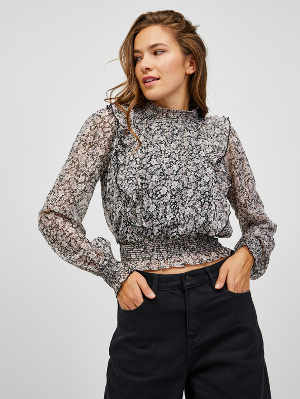 TALLY WEiJL Бяло-черна къса блуза с волани на цветя TALLY WEiJL