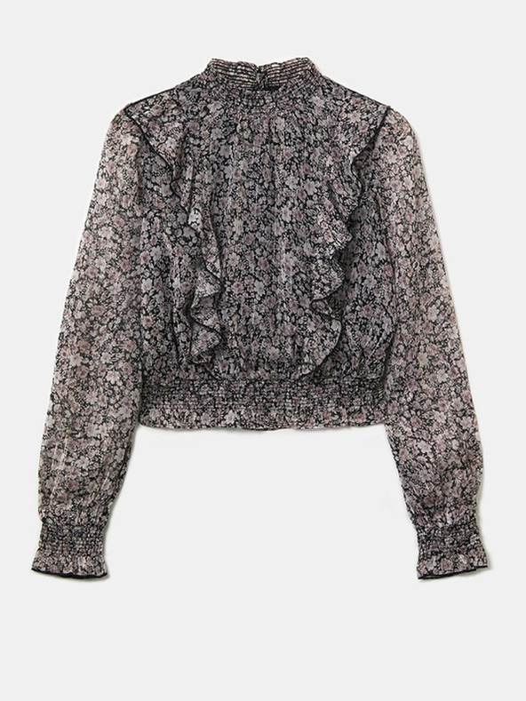 TALLY WEiJL Бяло-черна къса блуза с волани на цветя TALLY WEiJL