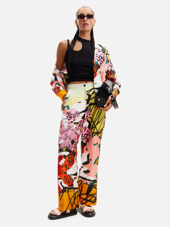 Desigual Жълто-розов дамски копринен панталон с шарки Desigual Ericeira Lacroix
