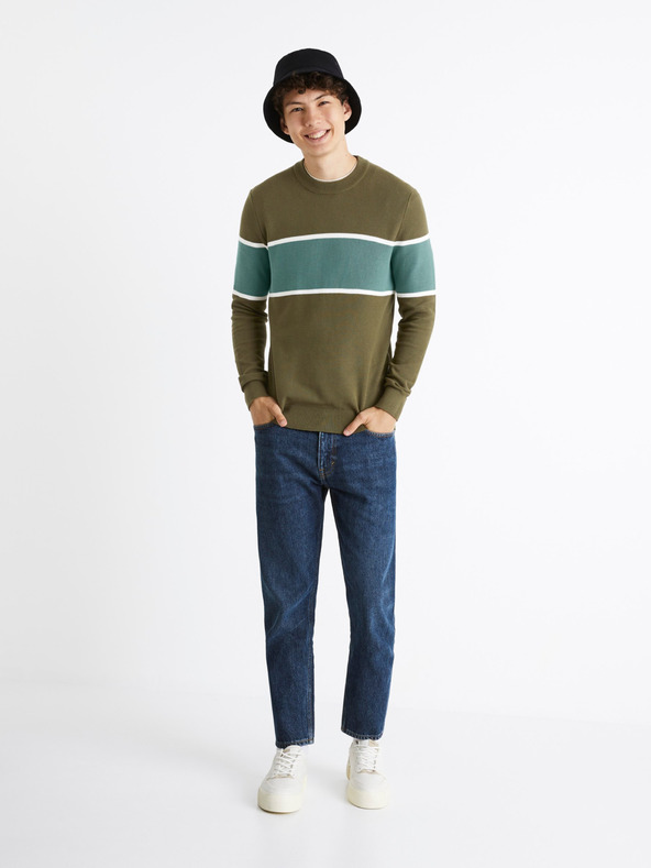 Celio Мъжки раиран пуловер в цвят каки Celio