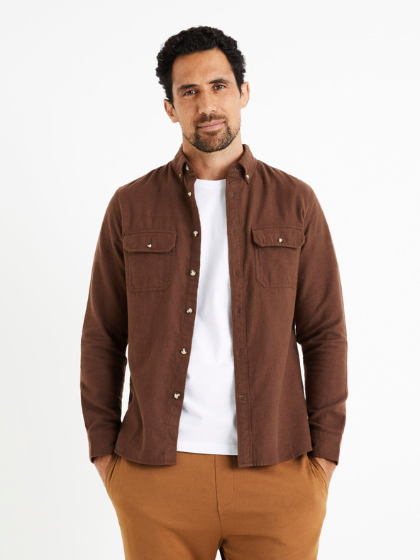 Celio Кафява мъжка фланелена риза Celio Caoflacko