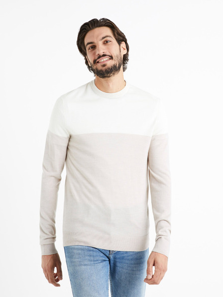 Celio Мъжки бял и бежов пуловер от мериносова вълна Celio Cemeribloc
