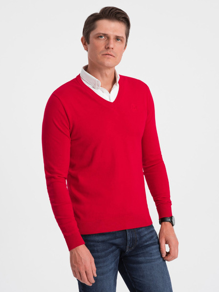 Ombre Clothing Червен мъжки пуловер с яка на риза Ombre Облекло