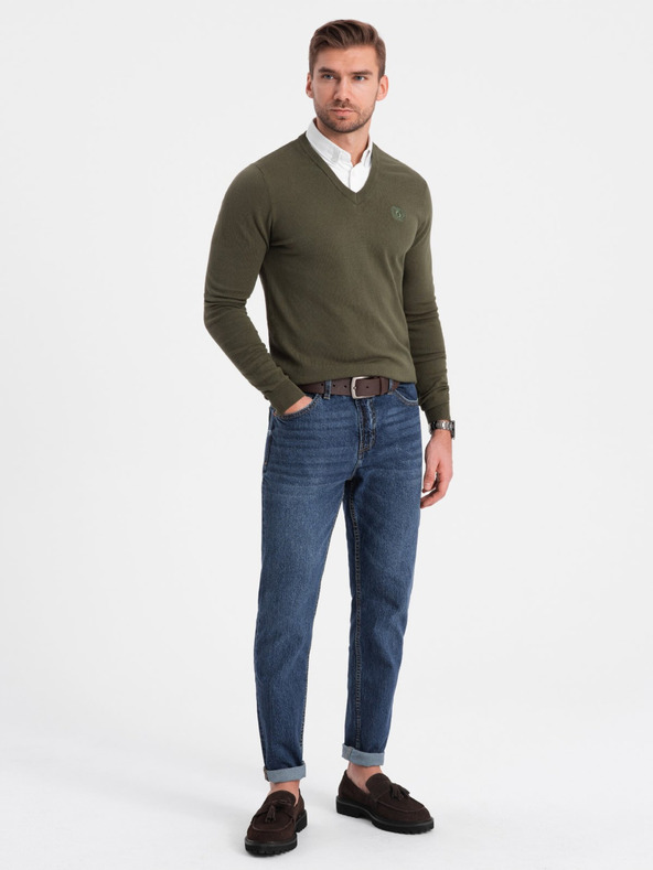 Ombre Clothing Зелено Мъжки пуловер с яка на ризата Ombre Облекло