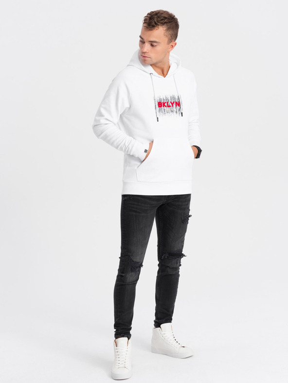 Ombre Clothing Бял мъжки суитшърт с качулка и щамп Ombre Clothing