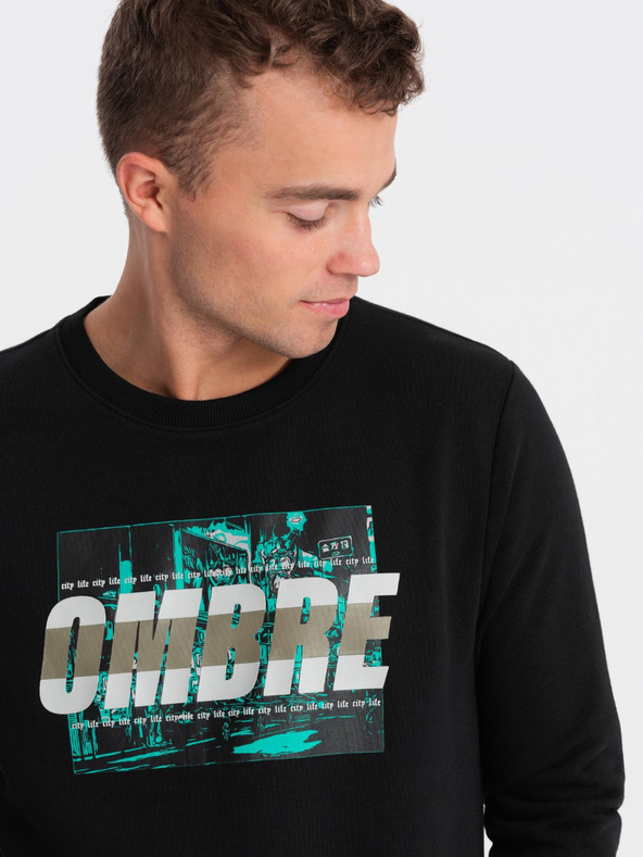 Ombre Clothing Черен мъжки пуловер с щампа Ombre Clothing
