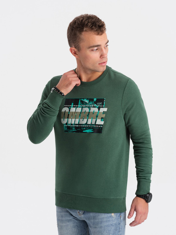 Ombre Clothing Зелен мъжки пуловер с щампа Ombre Clothing