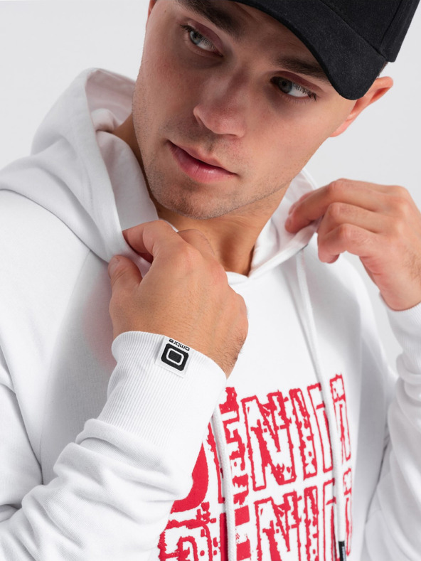 Ombre Clothing Червено-бял мъжки пуловер с качулка и принт Ombre Clothing