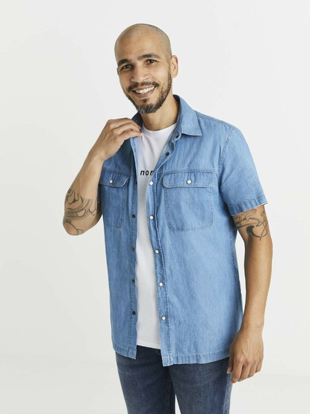 Celio Синя мъжка риза от деним с джобове Celio