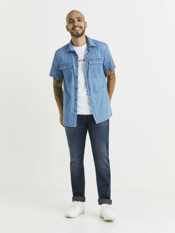 Celio Синя мъжка риза от деним с джобове Celio