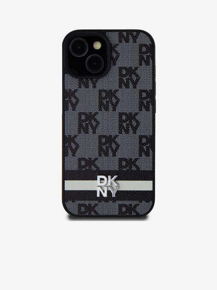 DKNY Заден капак от карирана кожа с шарка и райе за iPhone 15 черен DKNY