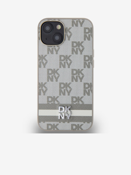 DKNY Заден капак от карирана кожа с шарка и райе за iPhone 14 Beige DKNY