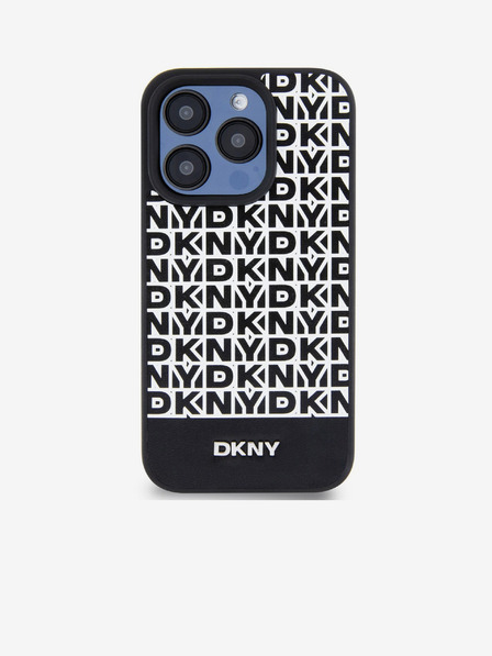 DKNY PU Кожа Повтарящ се модел на дъното Stripe MagSafe заден капак за iPhone 15 Pro Max Black DKNY