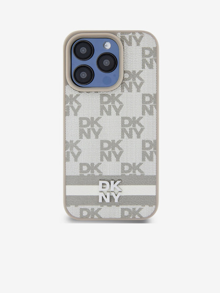 DKNY Заден капак от PU кожа с кариран десен и райе за iPhone 14 Pro Beige DKNY