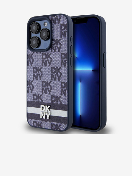 DKNY PU Кожа с кариран десен и райе заден капак за iPhone 15 Pro Blue DKNY