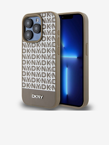 DKNY PU Кожа Повтарящ се модел на дъното Stripe MagSafe заден капак за iPhone 14 Pro Max Brown DKNY