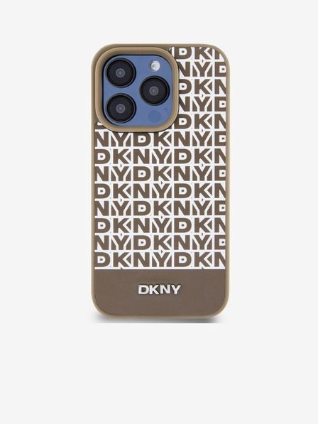 DKNY PU Кожа Повтарящ се модел на дъното Stripe MagSafe заден капак за iPhone 14 Pro Max Brown DKNY