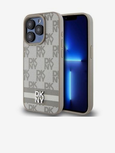DKNY Заден капак от PU кожа с кариран десен и райе за iPhone 13 Pro Max Beige DKNY