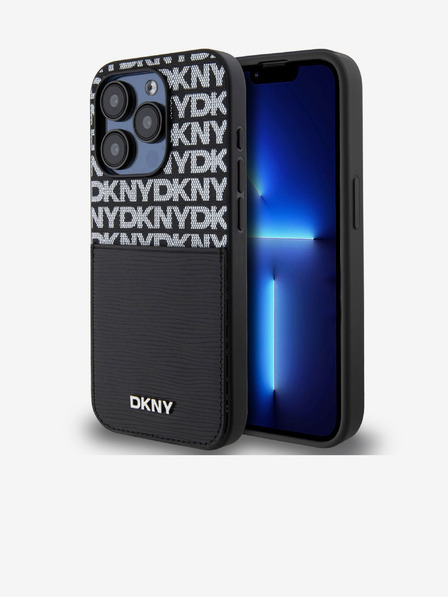 DKNY Заден капак от полиетиленова кожа с повтарящ се модел на джоба за карта за iPhone 15 Pro Black DKNY