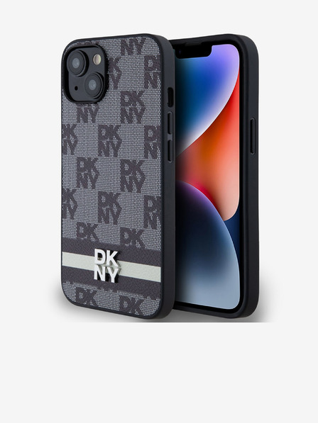 DKNY Заден капак от PU кожа с кариран десен и райе за iPhone 14 черен DKNY