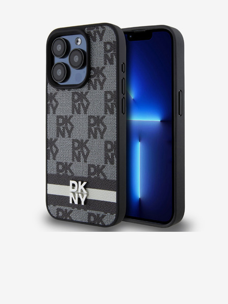 DKNY Заден капак от PU кожа с кариран десен и райе за iPhone 14 Pro Black DKNY