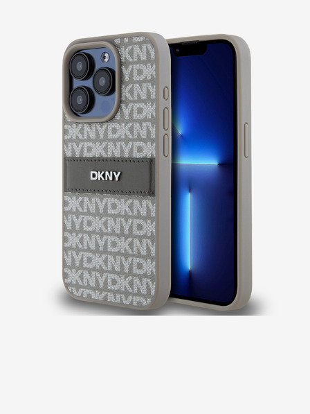 DKNY Заден капак от PU кожа с повтарящ се десен с тонове ивици за iPhone 15 Pro Beige DKNY