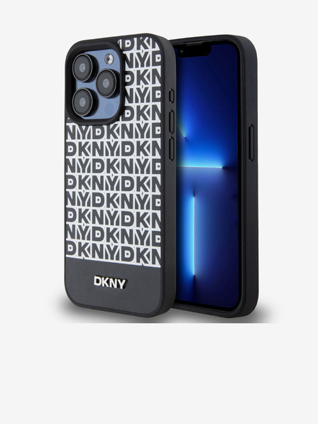 DKNY PU Кожа с повтарящ се модел на дъното Stripe MagSafe заден капак за iPhone 14 Pro Black DKNY